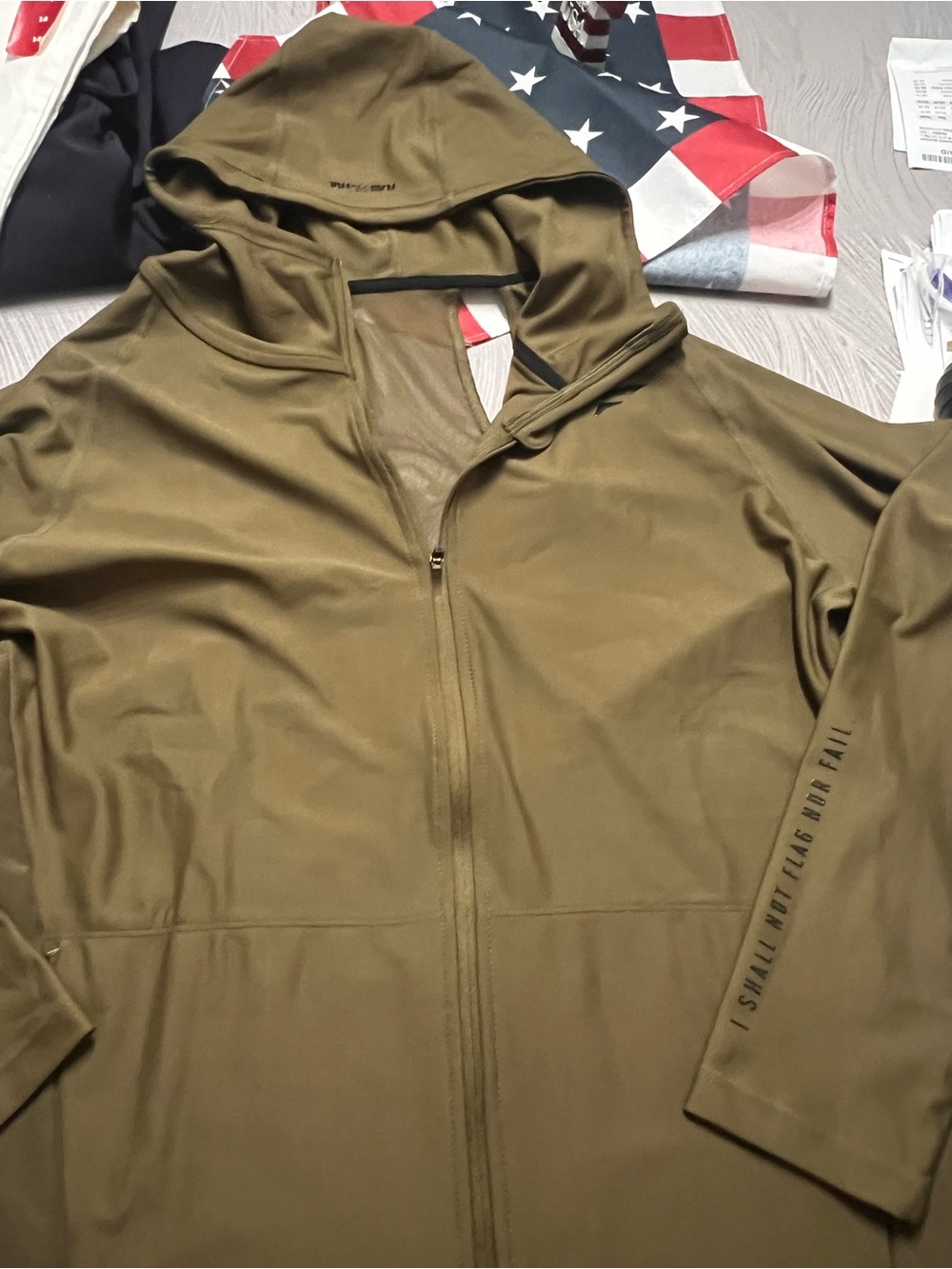 Flag Nor Fail Women’s Hooded Performance Jacket Olive Green M High Low